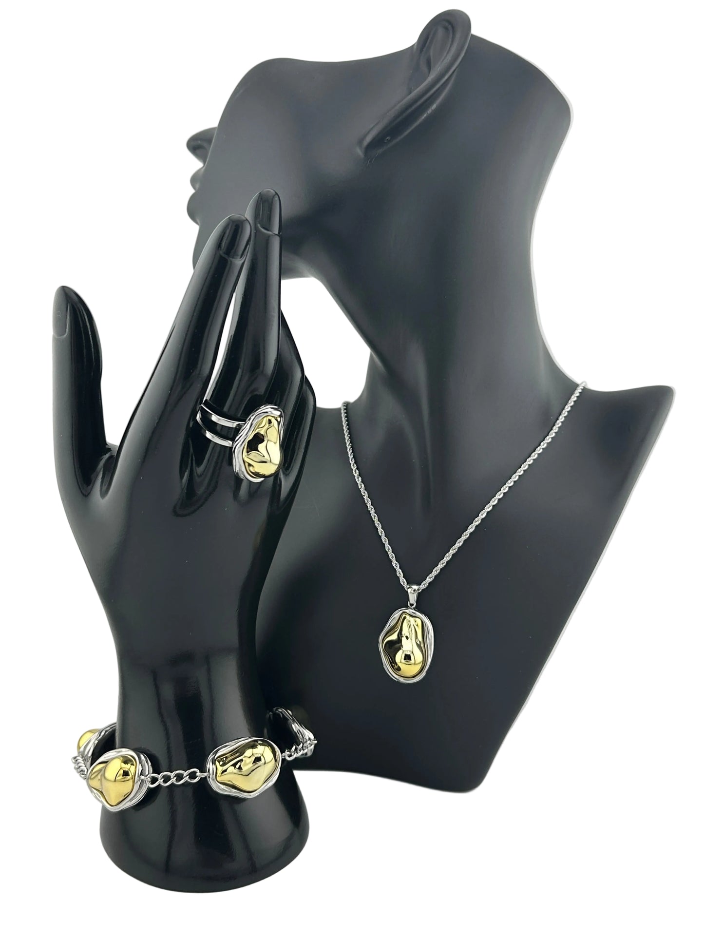 Pendant with Chain on bust, Ring and Bracelet on mannequin hand