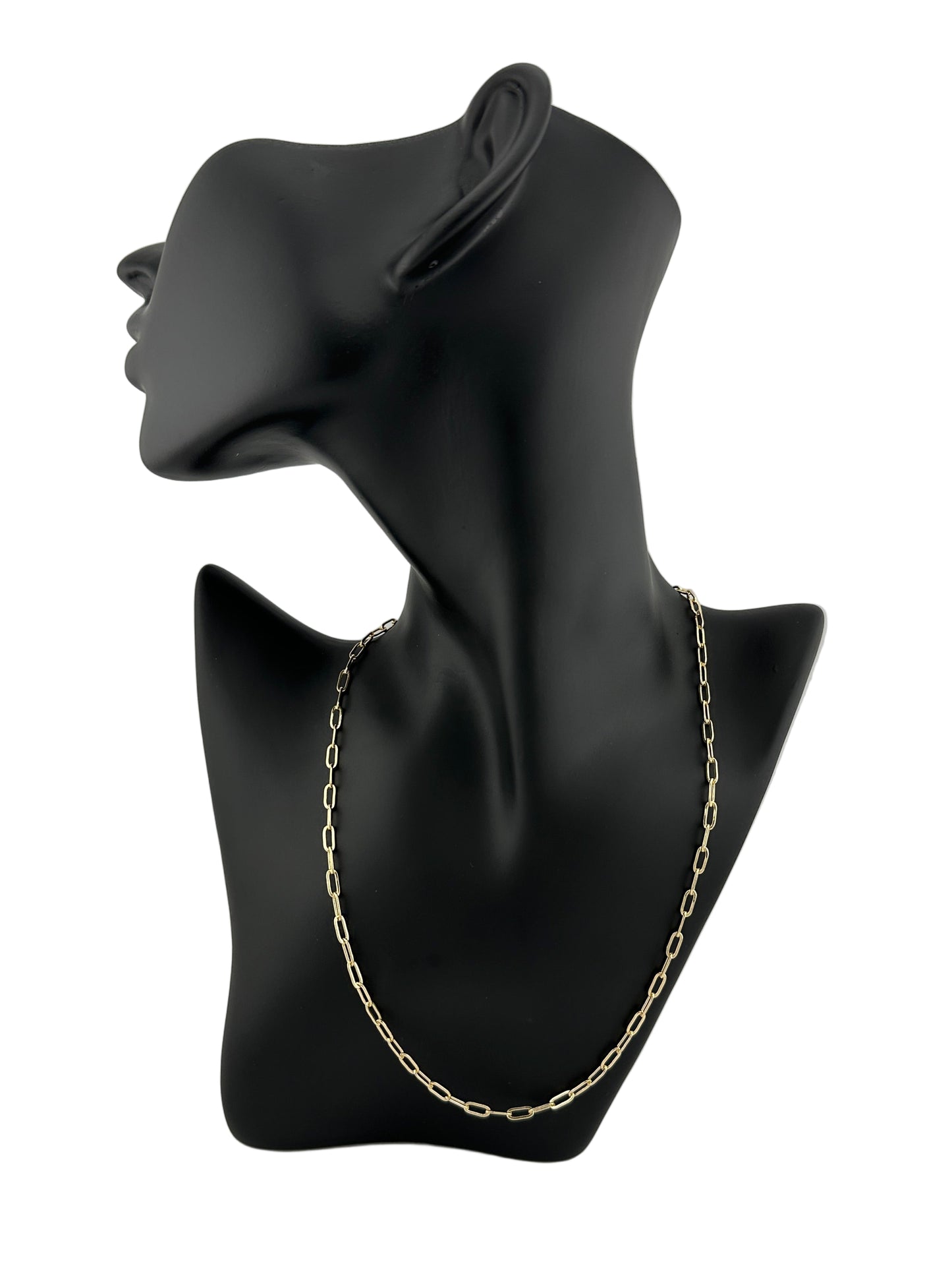The Sorella Short Link Paperclip Necklace on Black Mannequin Display and White Background