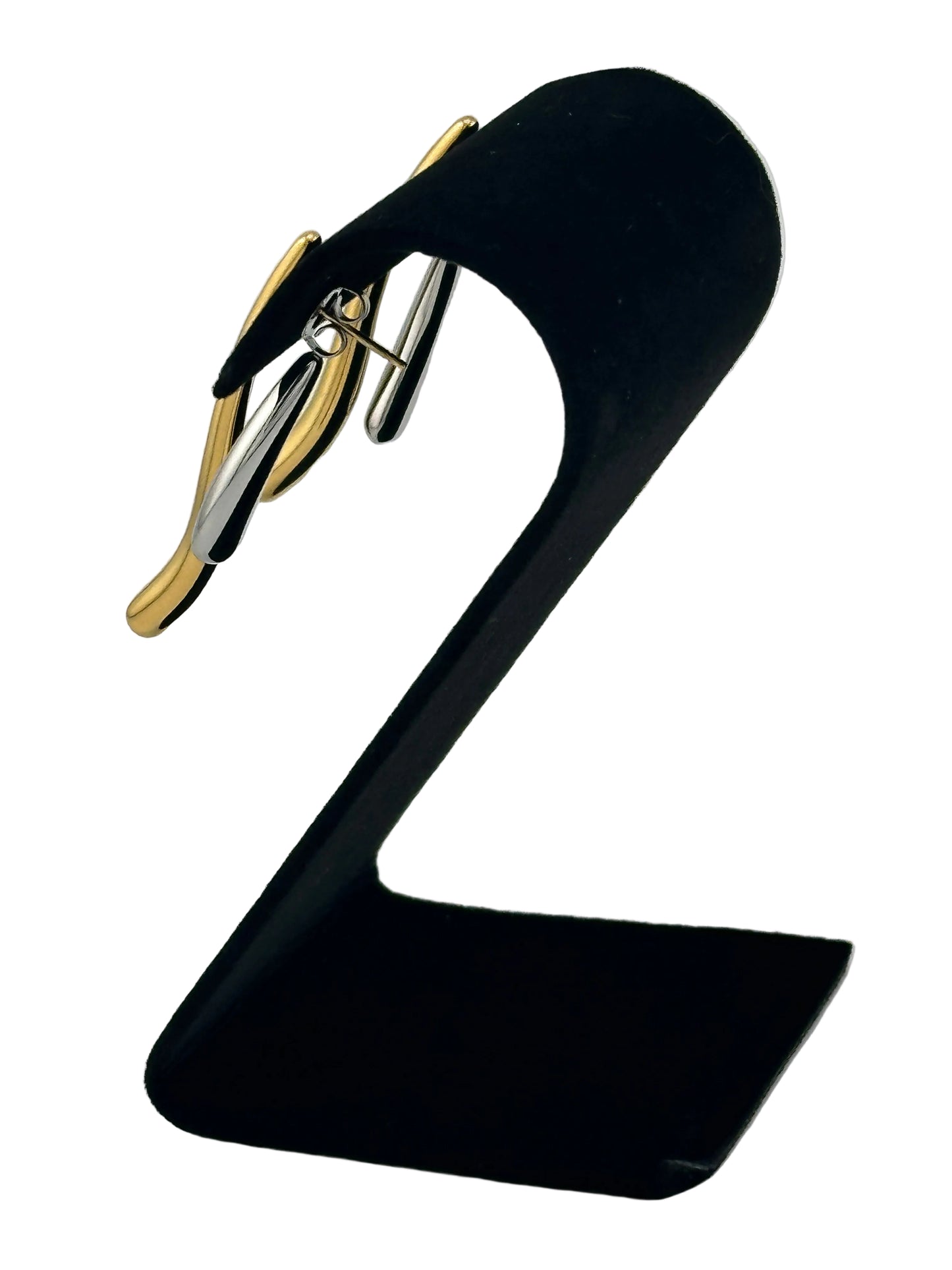 two tone earrings showing reverse view on black velvet display