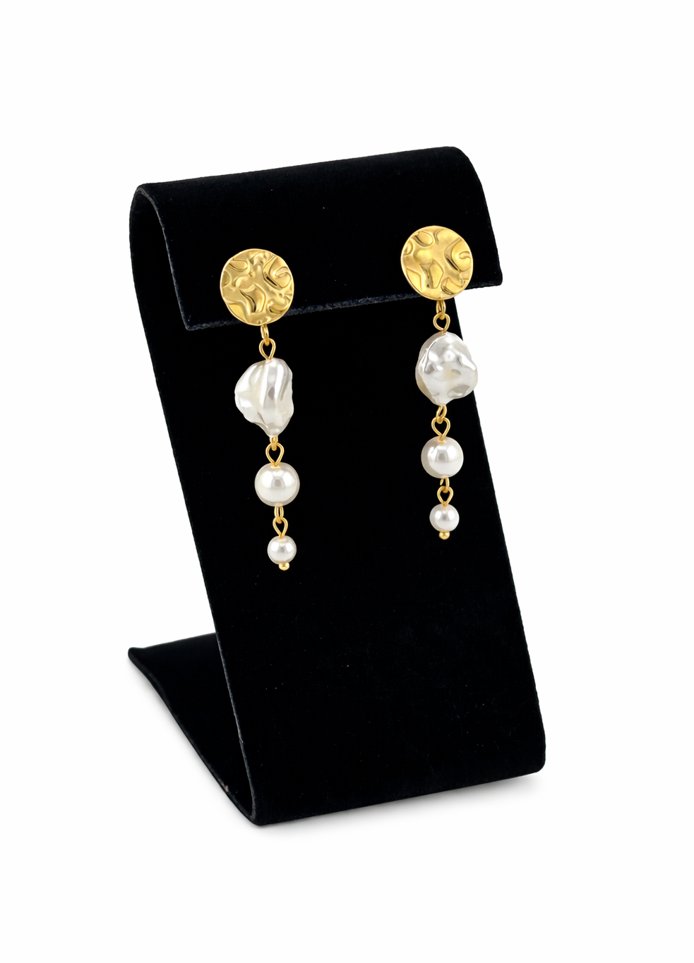 Muse Two-Way Drops shown without dangle backs, using rubber backs only, on black velvet earring display