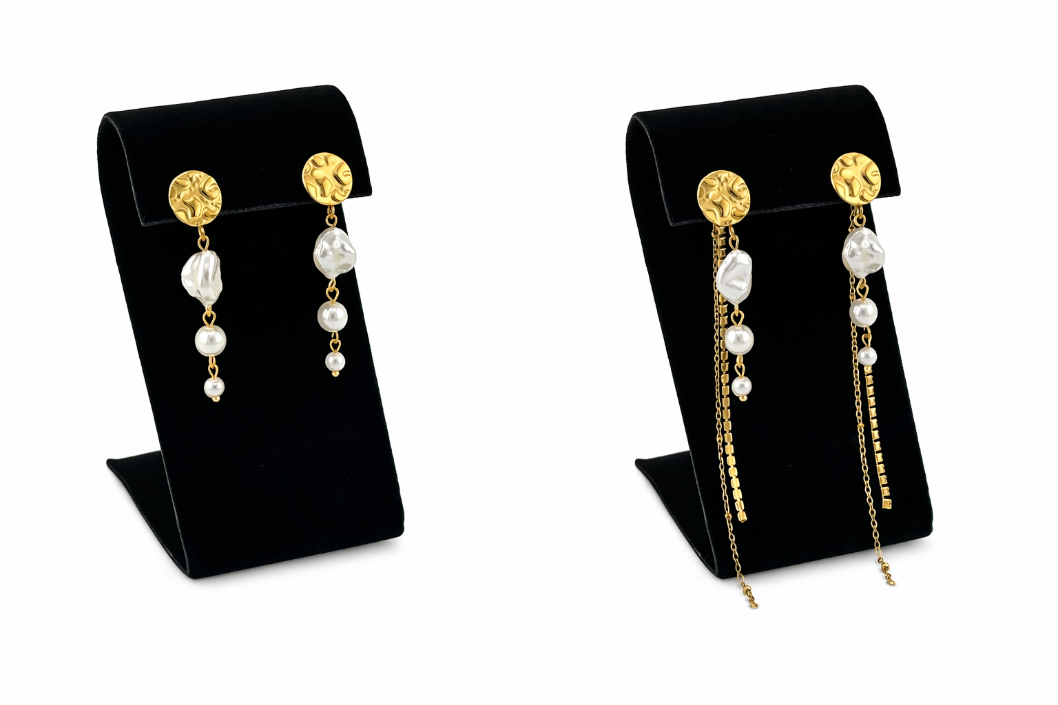 Muse Two-Way Drops shown in two styling options on black velvet earring displays
