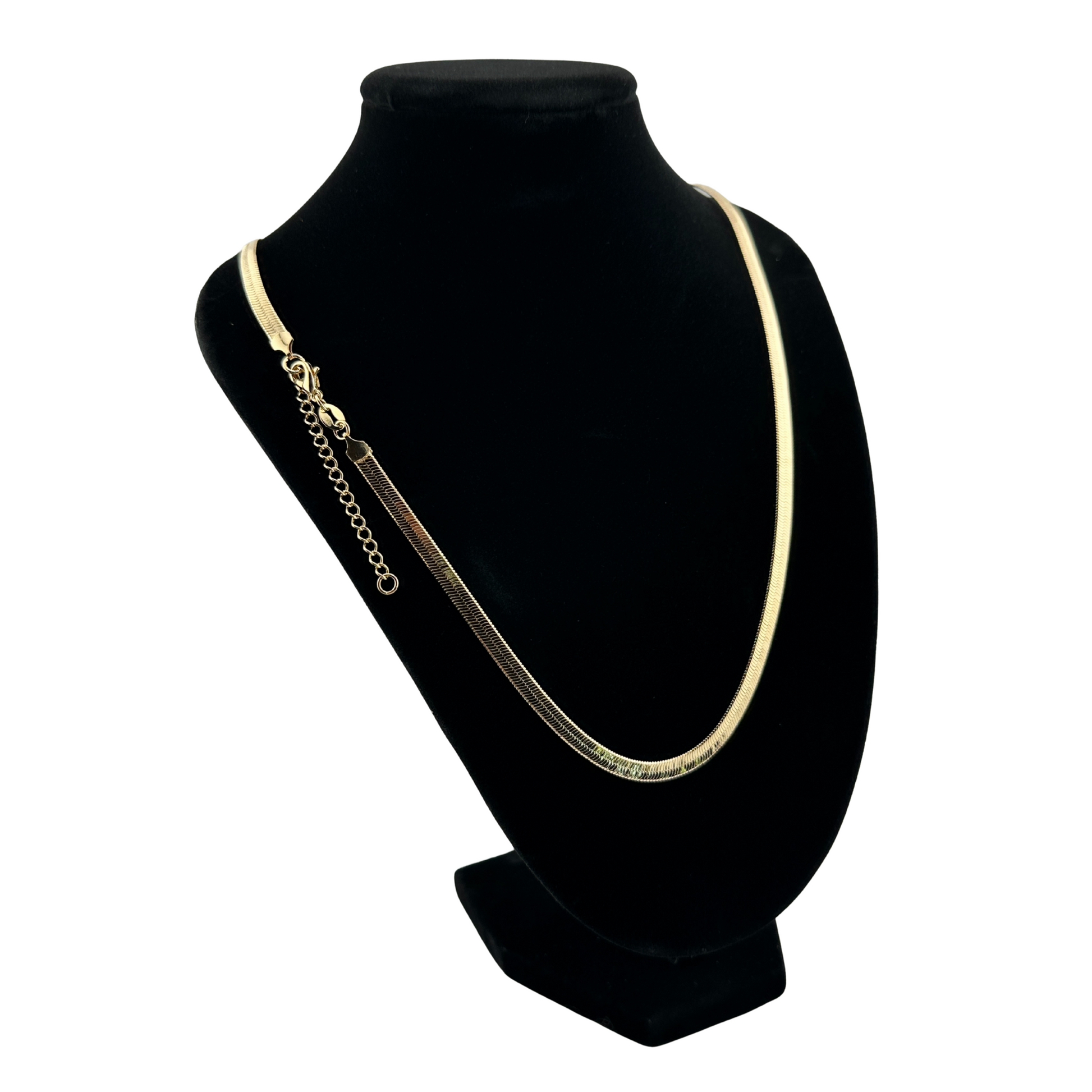 The Capri 4mm Herringbone Necklace shown turned with lobster claw clasp closure and extension chain