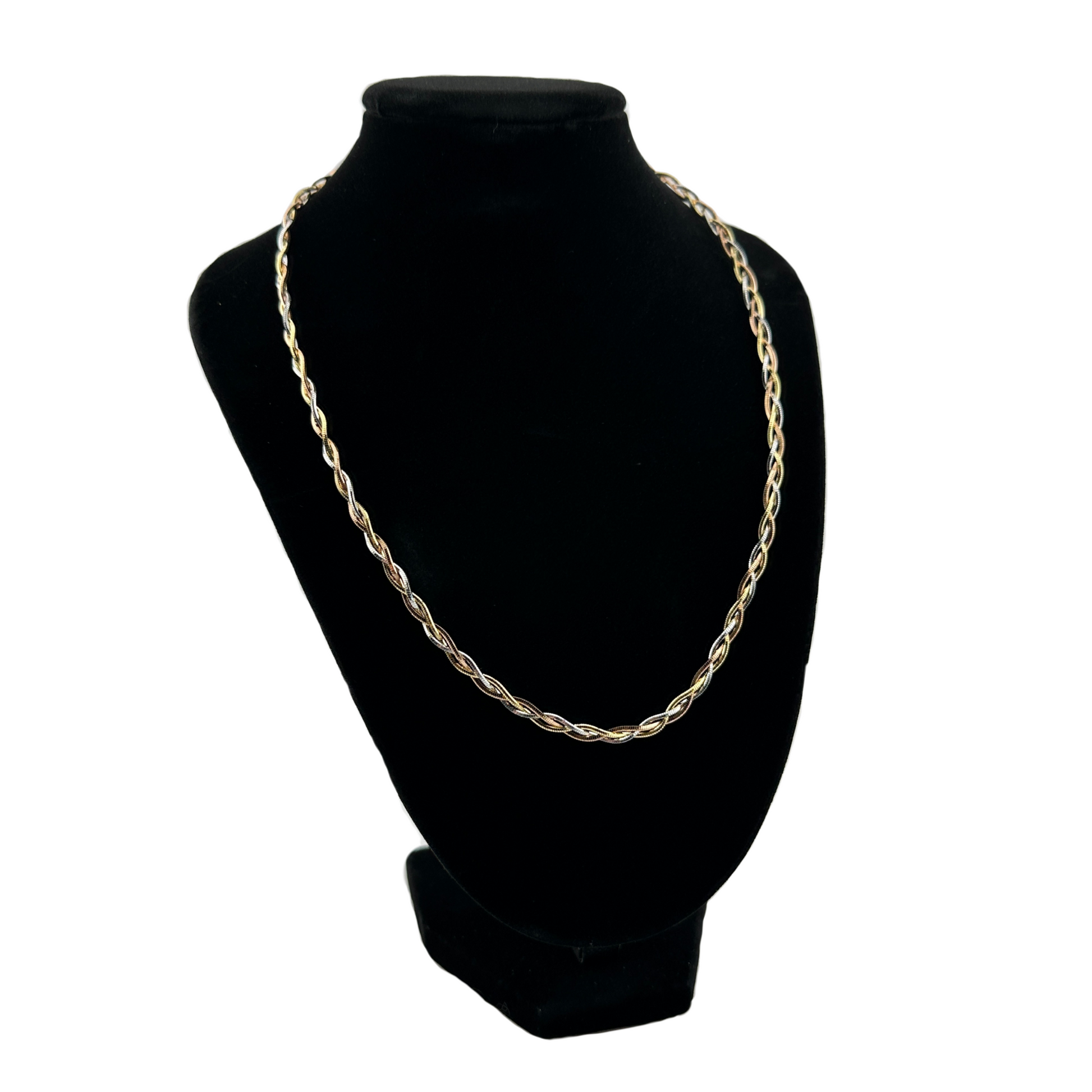 The Solstice Tri-Tone Twisted Chain Choker shown on black velvet neck display