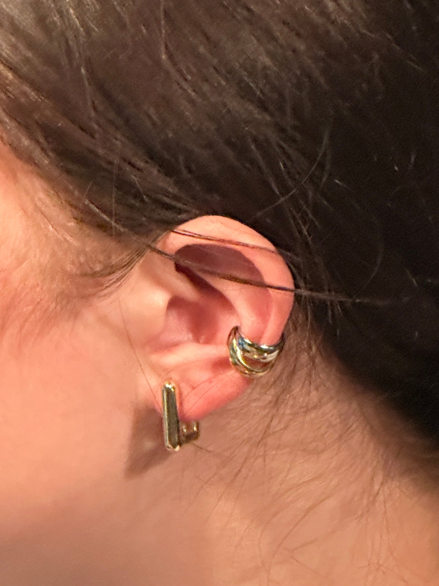 The Cecile Rectangle Hoop Earrings, modeled