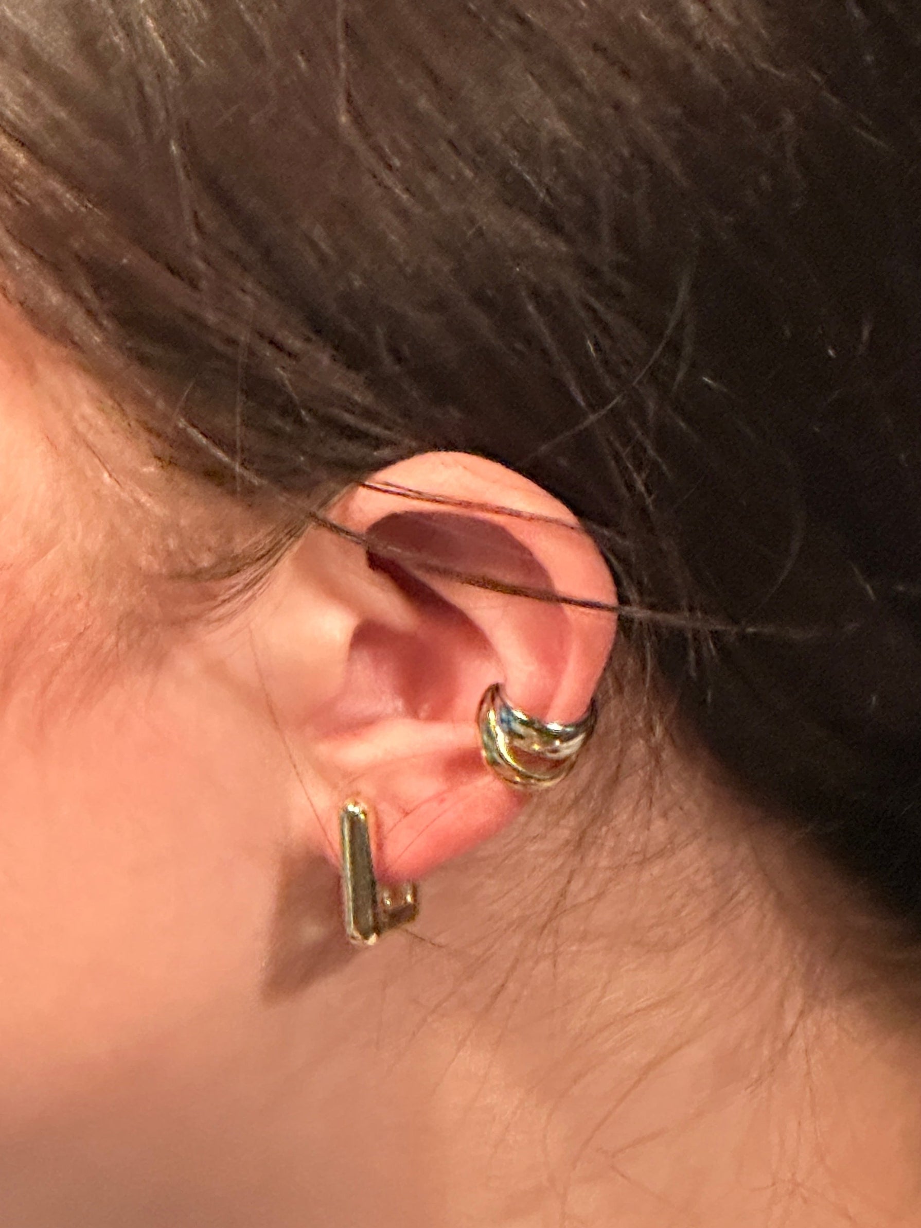 The Cecile Rectangle Hoop Earrings, modeled