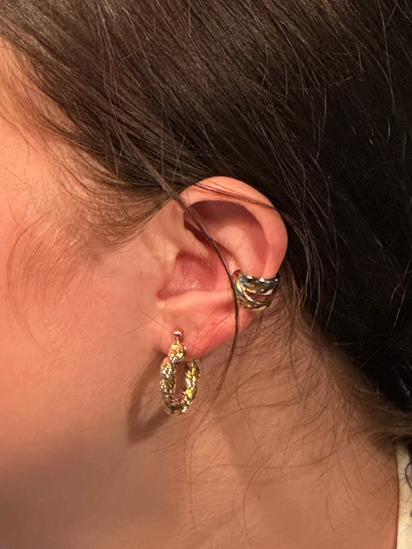The Frances Twisted Hoop Earrings, modeled