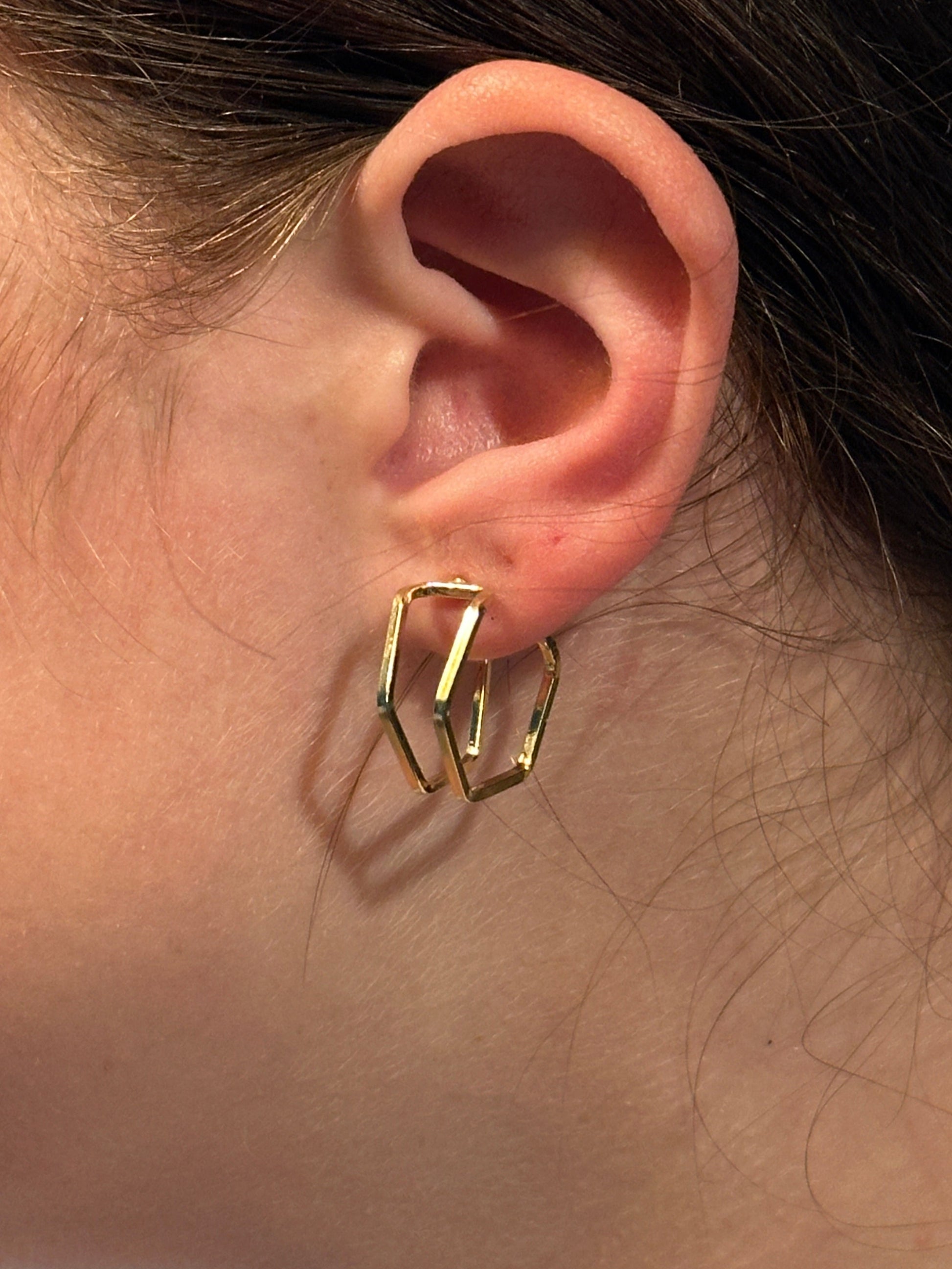 The Gaylen Double Wire Geometric C Hoop Earrings, modeled