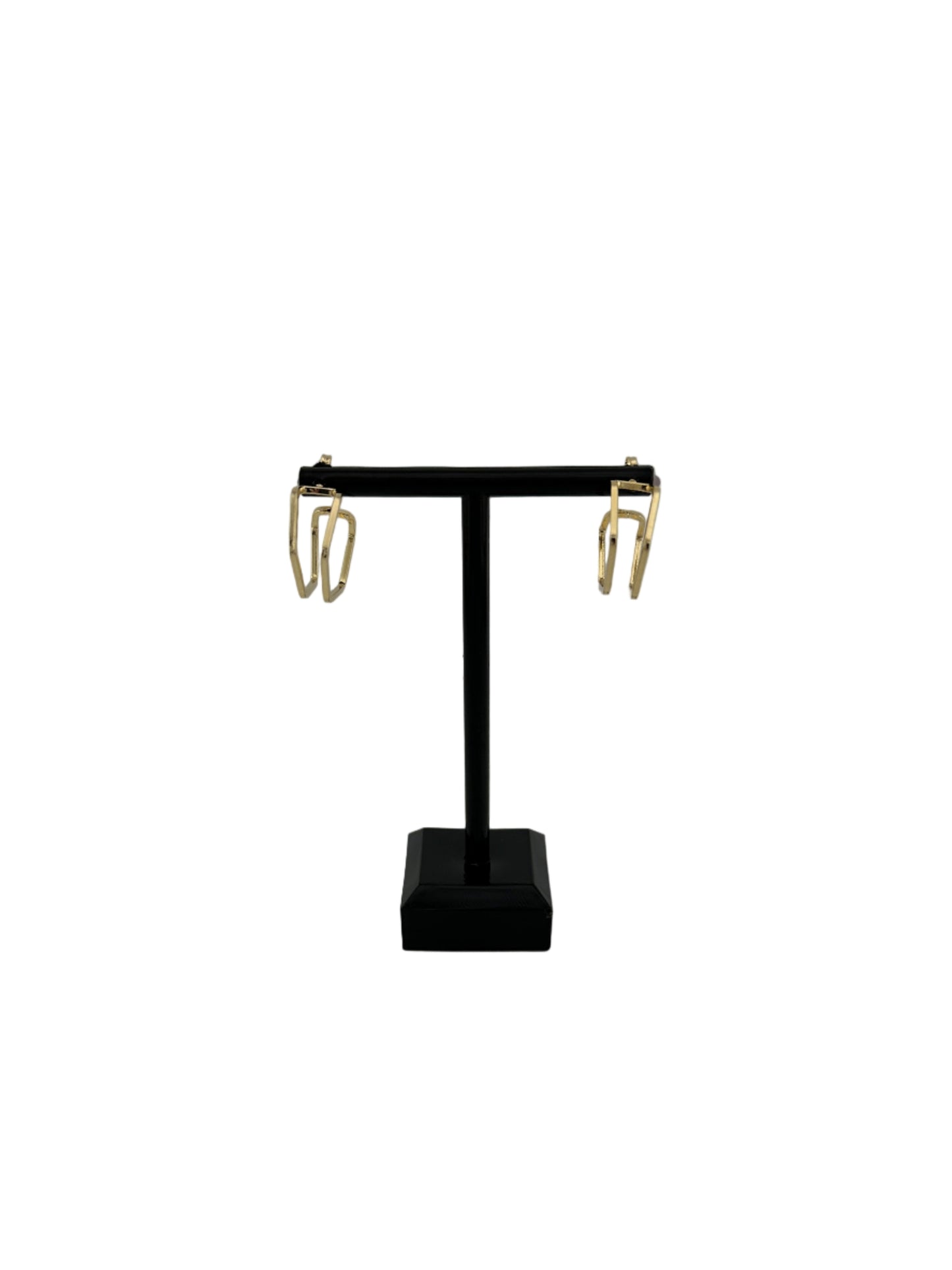 The Gaylen Geometric Hoop Earrings on black earring stand and white background