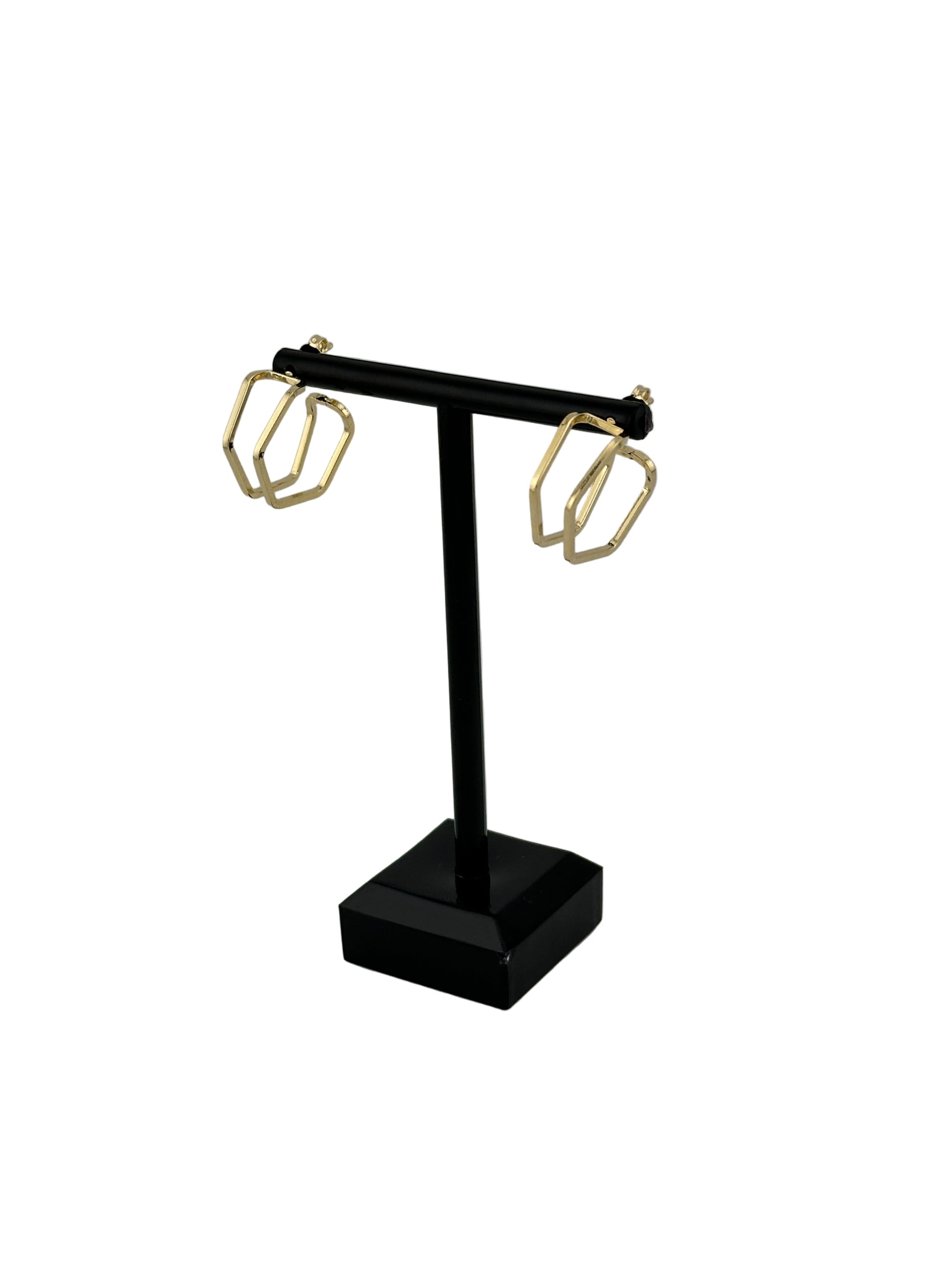 The Gaylen Geometric Hoop Earrings, Side View, shown on black earring stand and white background