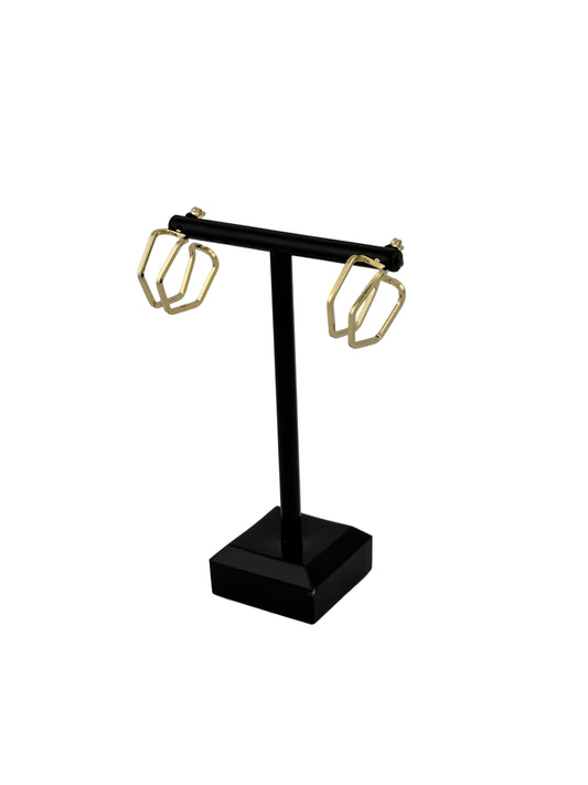 The Gaylen Geometric Hoop Earrings, Side View, shown on black earring stand and white background