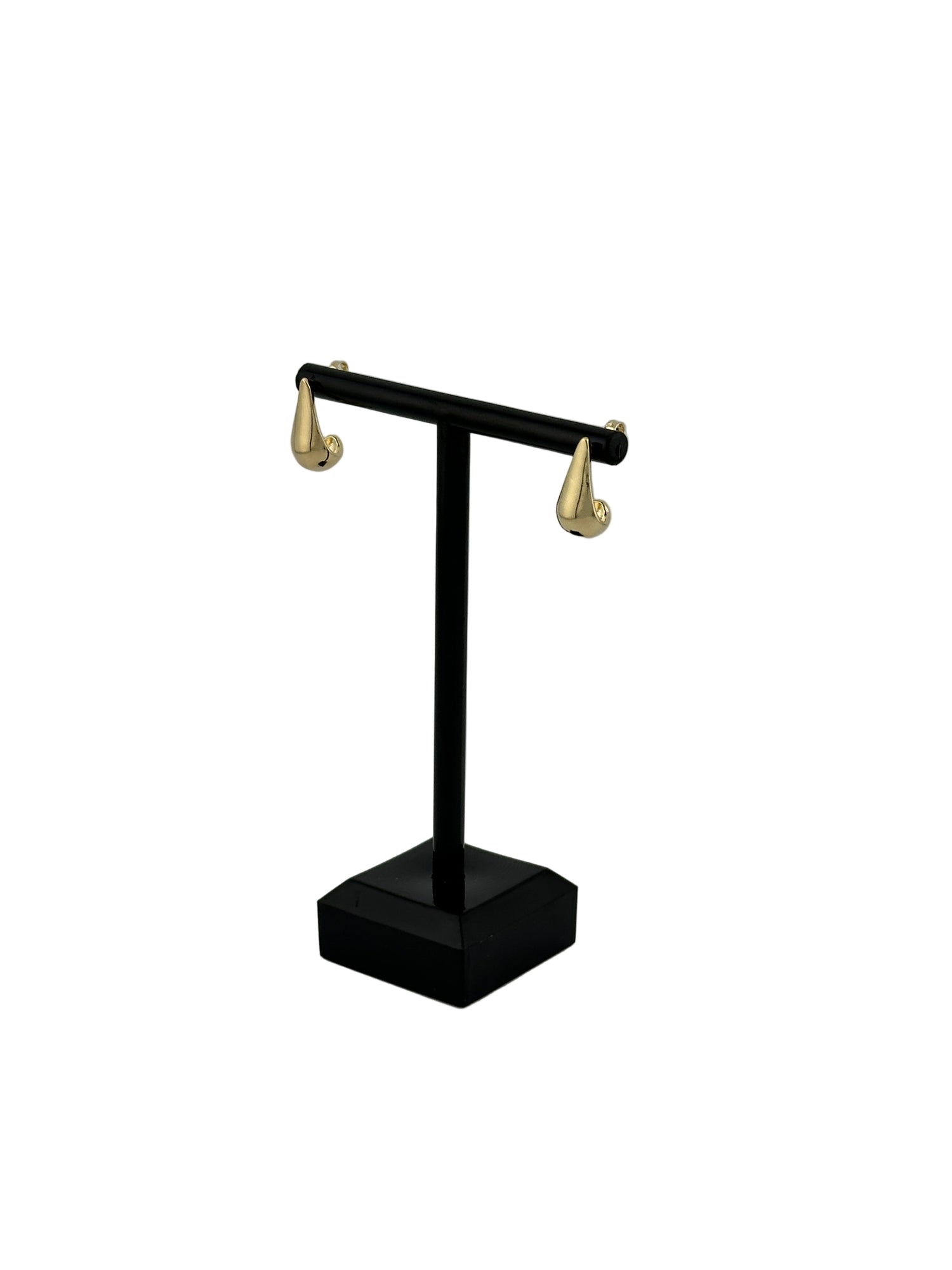 The Kennedy Teardrop Stud Earrings, Side View on black earring stand and white background