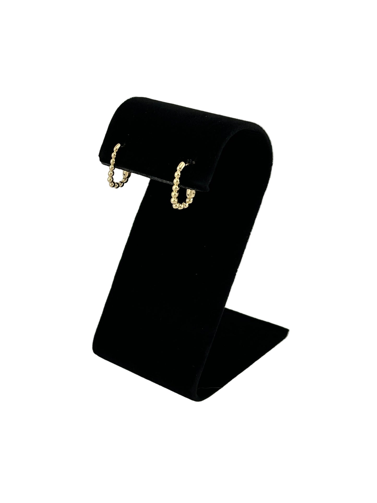 The Noemi Beaded Rectangle Clicker Hoop Earrings, Side View on black velvet earring stand and white background