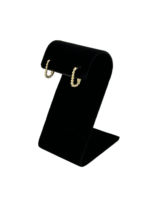 The Noemi Beaded Rectangle Clicker Hoop Earrings, Side View on black velvet earring stand and white background