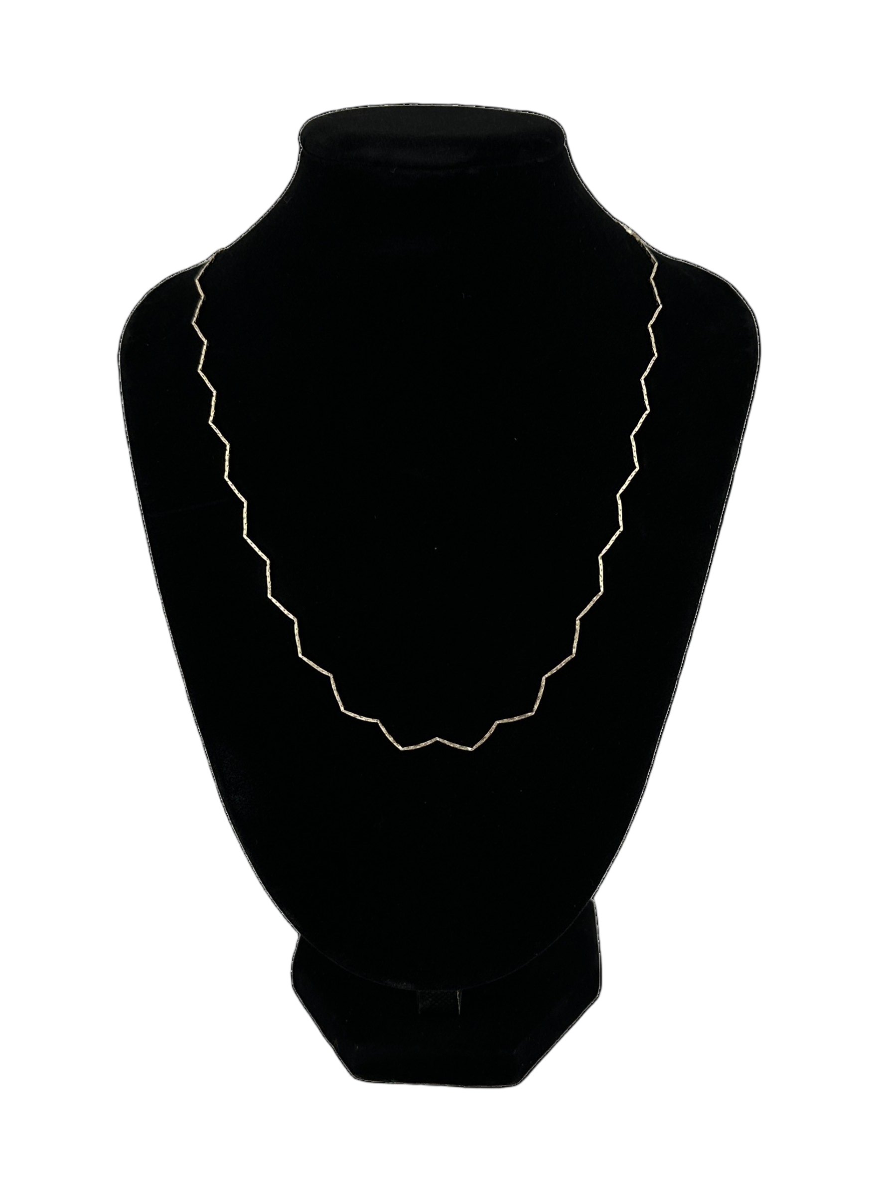 The Nova Zig Zag Choker shown on black velvet neckstand on white background