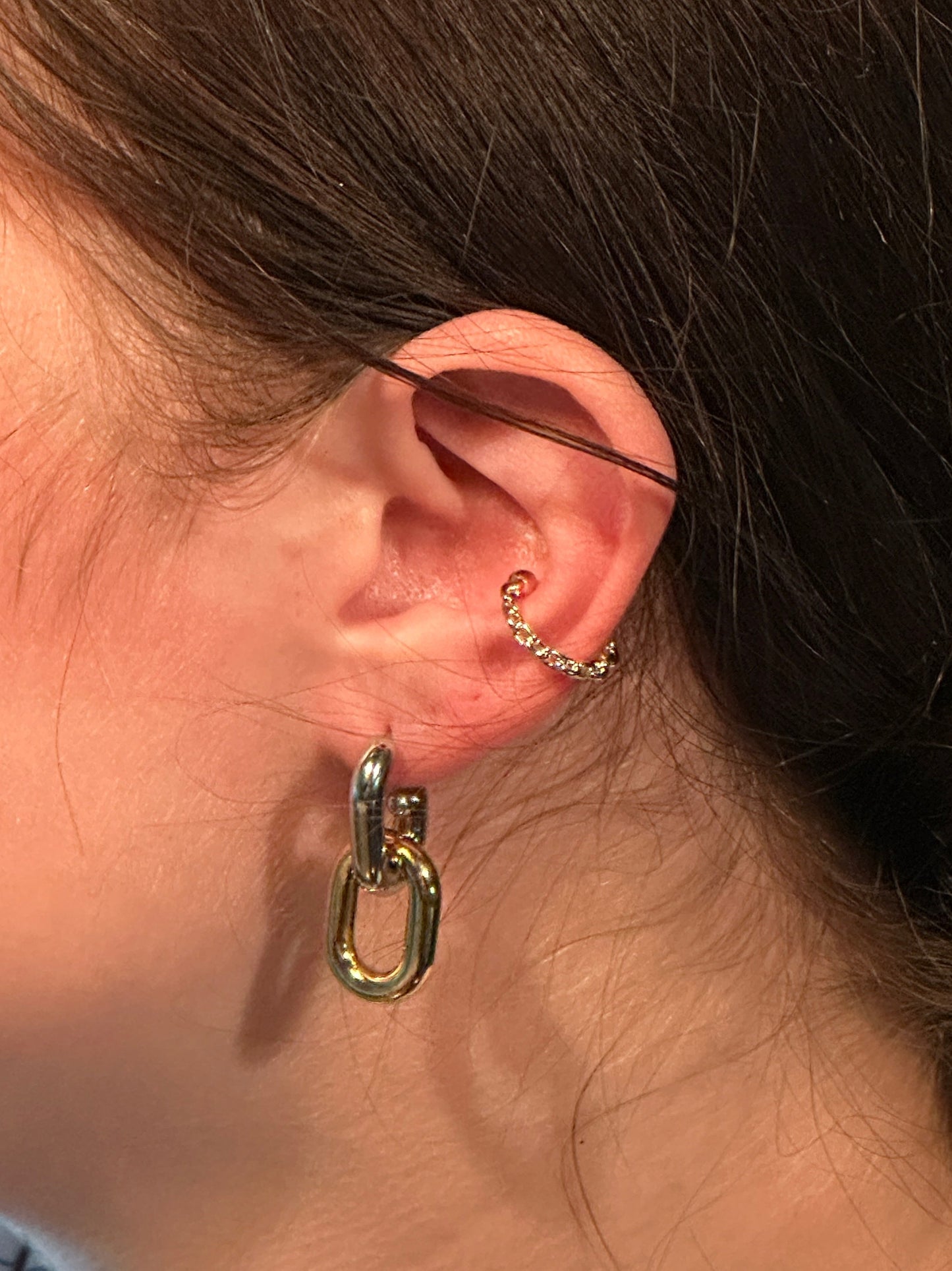 The Portia Paperclip Earrings, modeled