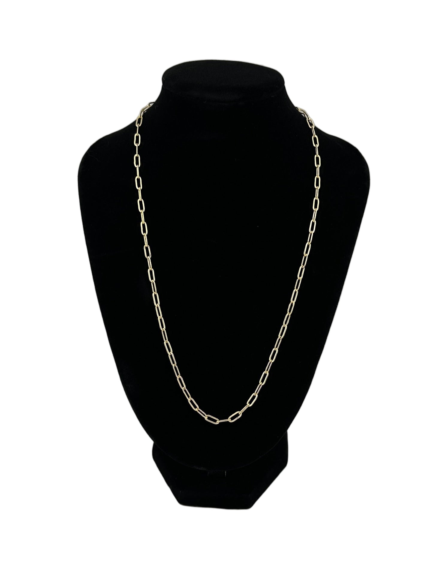 The Sorella Short Link Paperclip Necklace shown on black velvet neck display and white background