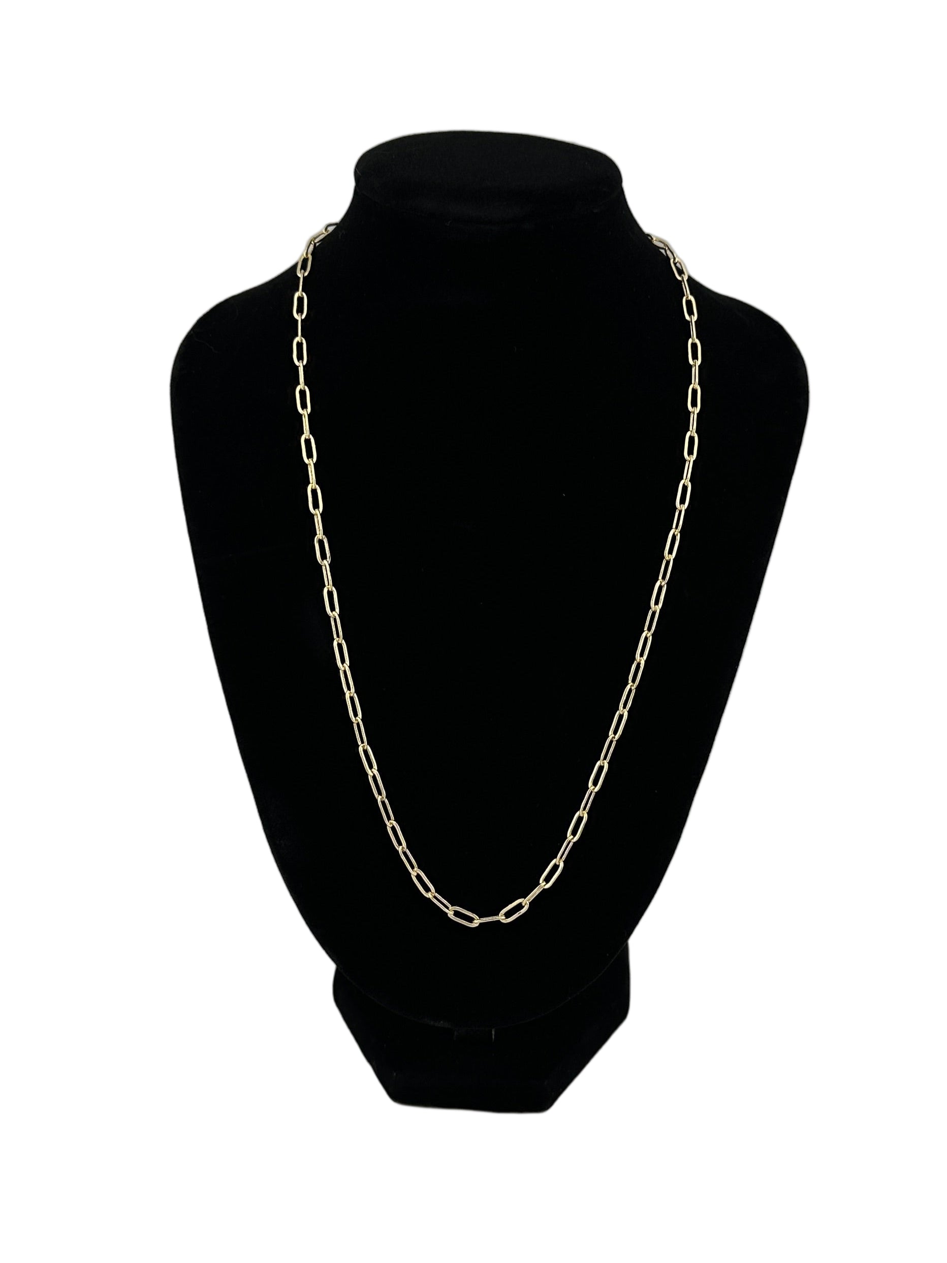 The Sorella Short Link Paperclip Necklace shown on black velvet neck display and white background